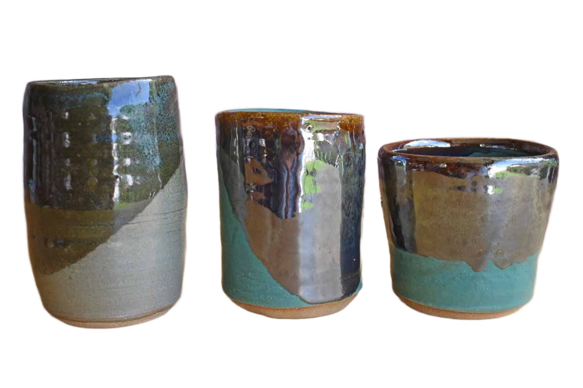 Set of Three Handmade Stoneware Cups with Green and Brown Glazes