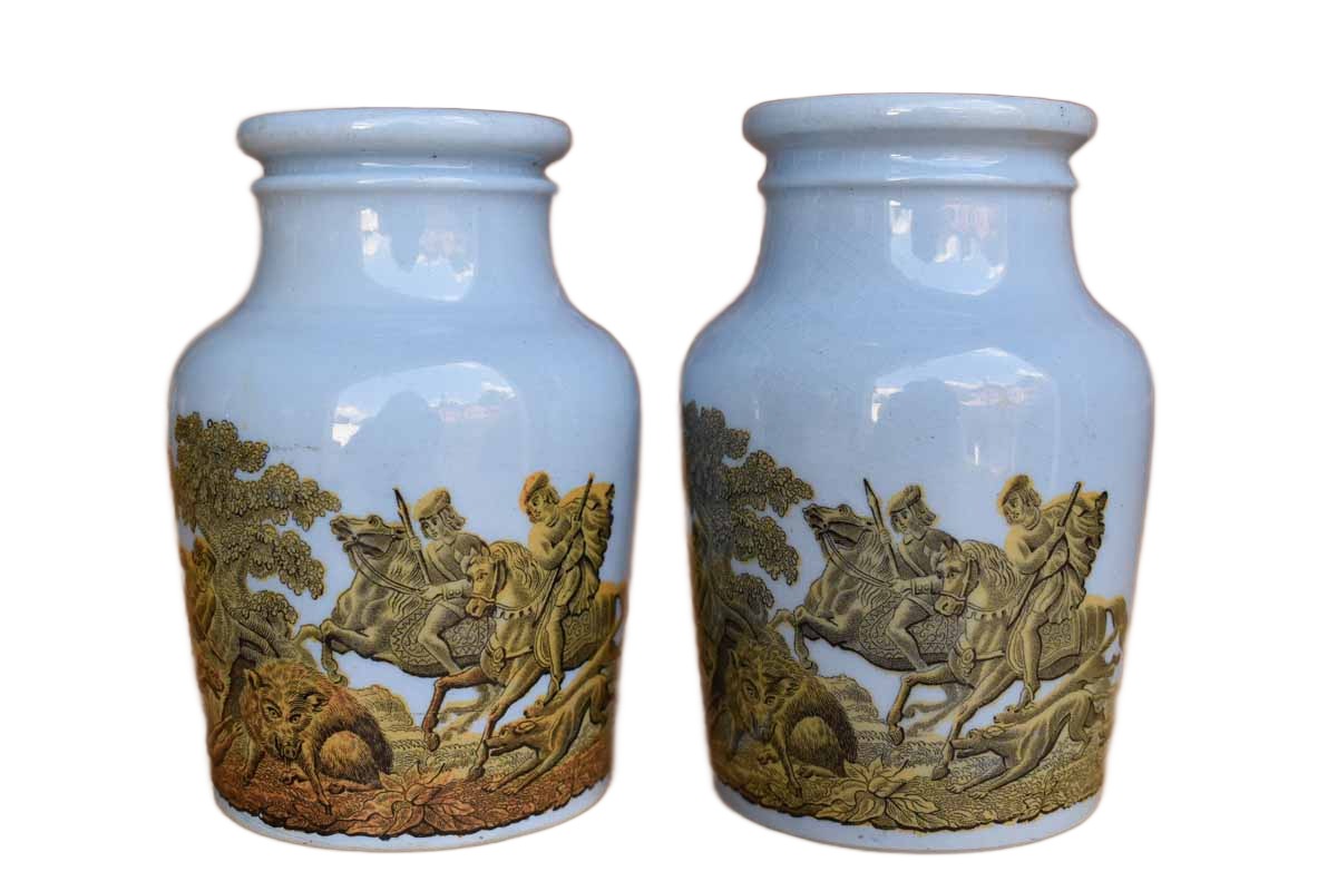 Pratt Pottery Works (England) Periwinkle Jars with Yellow and Black Hunting Scenes