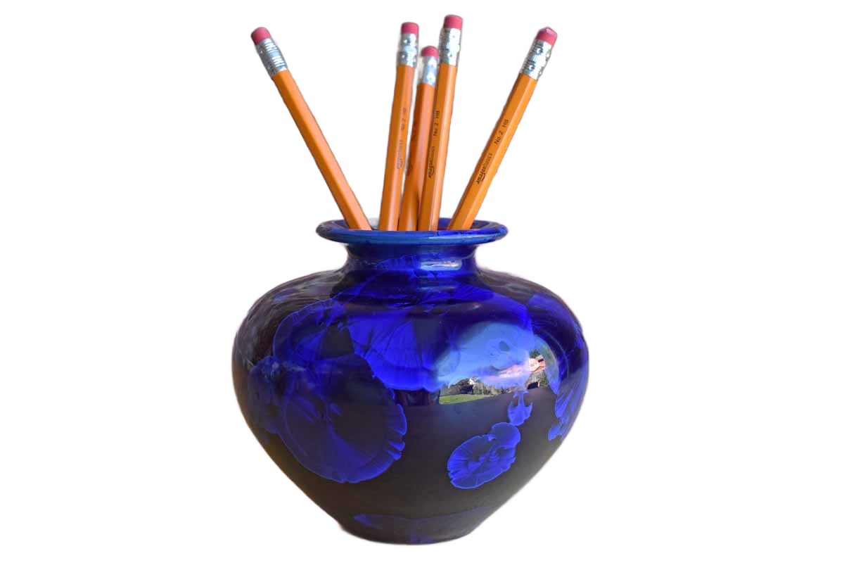 Rounded Dark Blue Ceramic Vase with Iridescent Flower Shapes