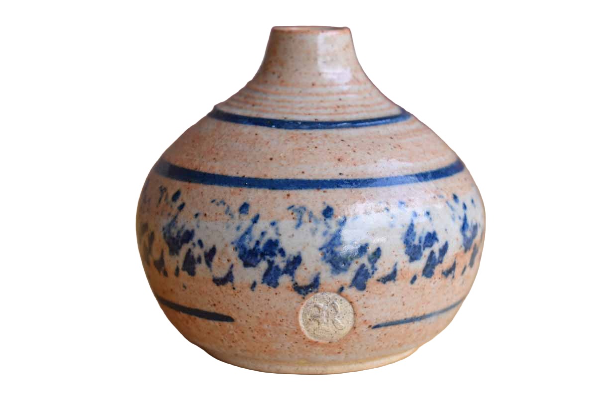Small Orange and Dark Blue Stoneware Bud Vase