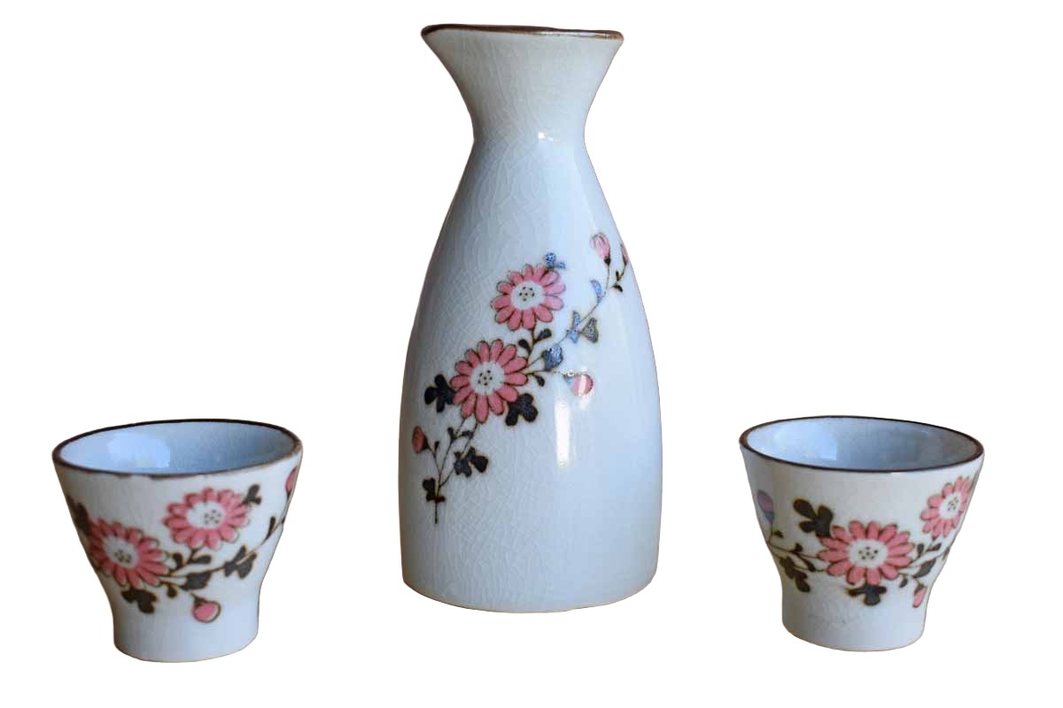 Otagiri Mercantile Company (Japan) Ceramic Sake Set with Pink Flowers The Standing Rabbit