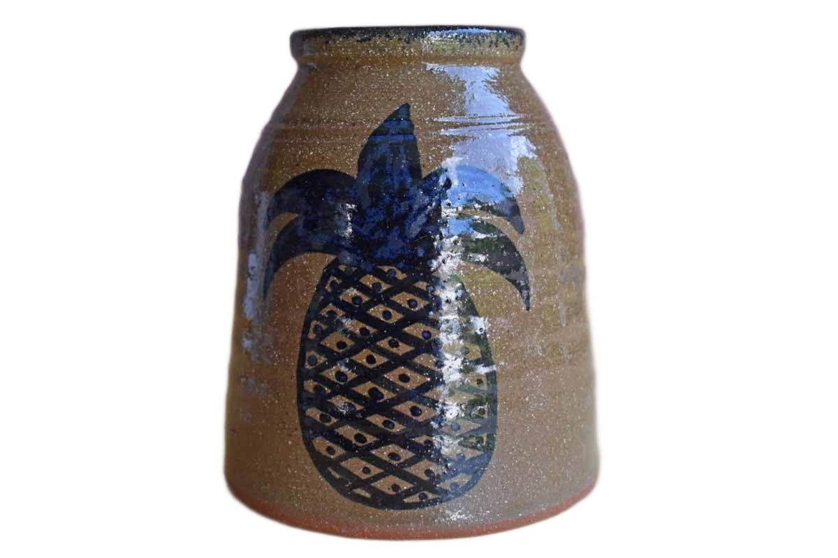 Redware Vase or Pencil Cup with Blue Pineapple Design