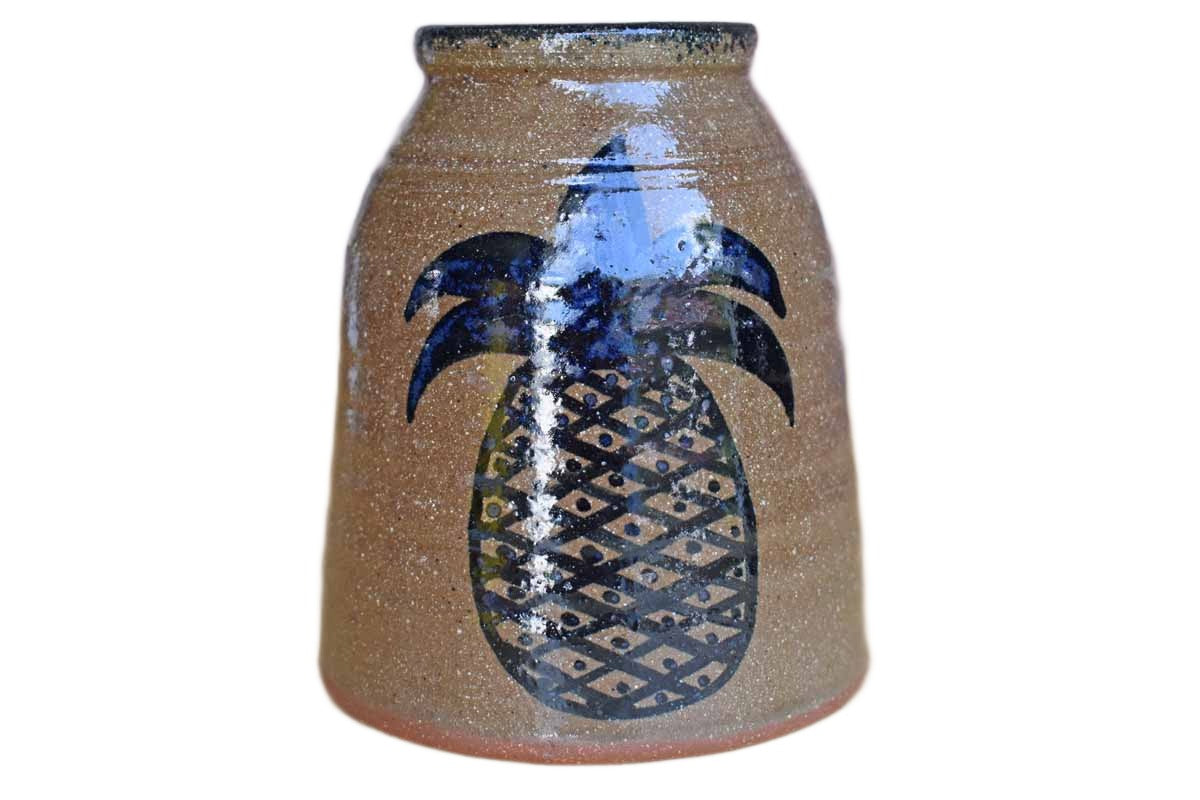 Redware Vase or Pencil Cup with Blue Pineapple Design