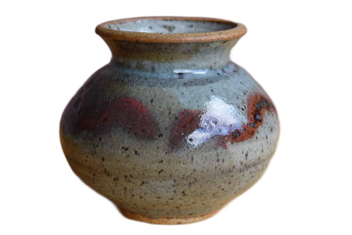 Rounded Stoneware Vase with Maroon and Green Glazes