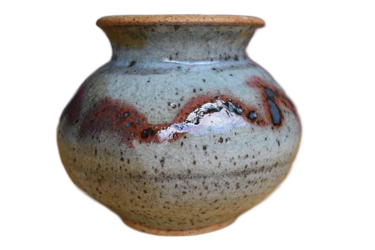Rounded Stoneware Vase with Maroon and Green Glazes