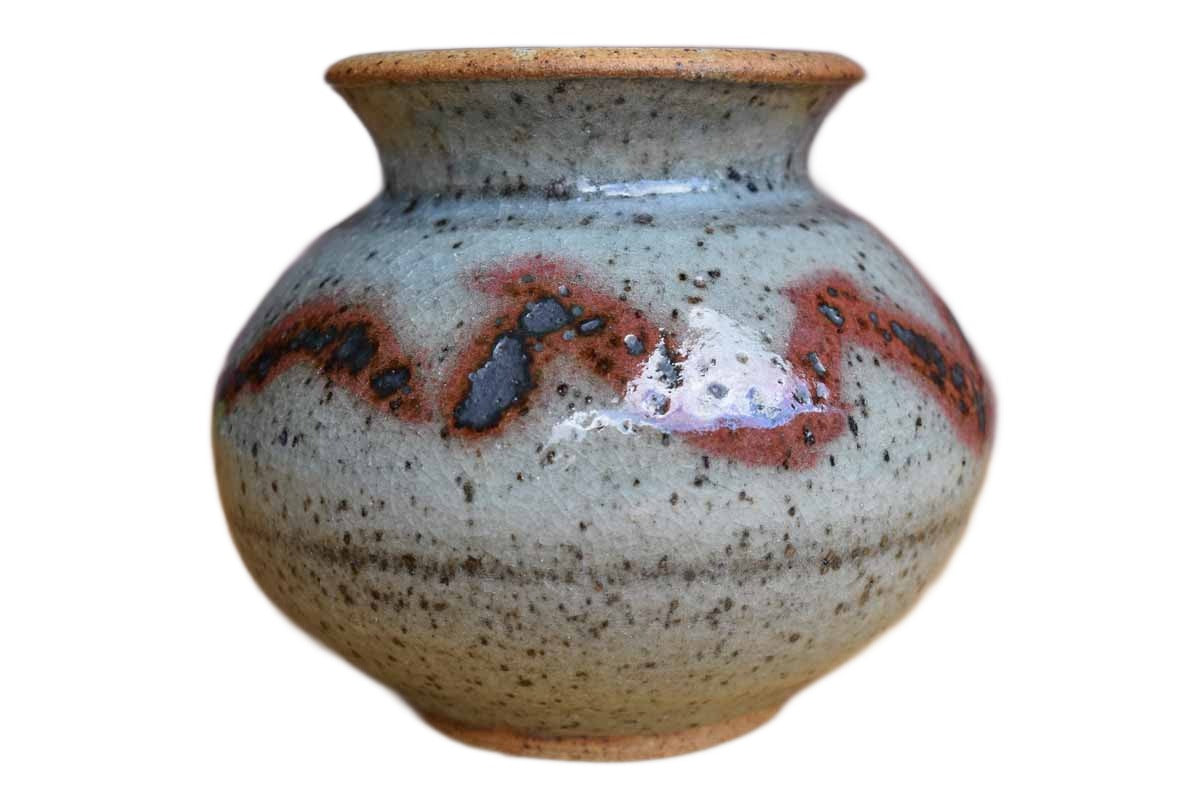 Rounded Stoneware Vase with Maroon and Green Glazes