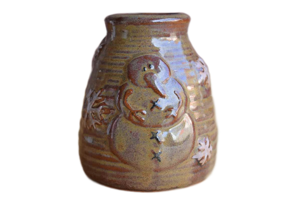 Small Clay Container with Snowman and Snowflakes
