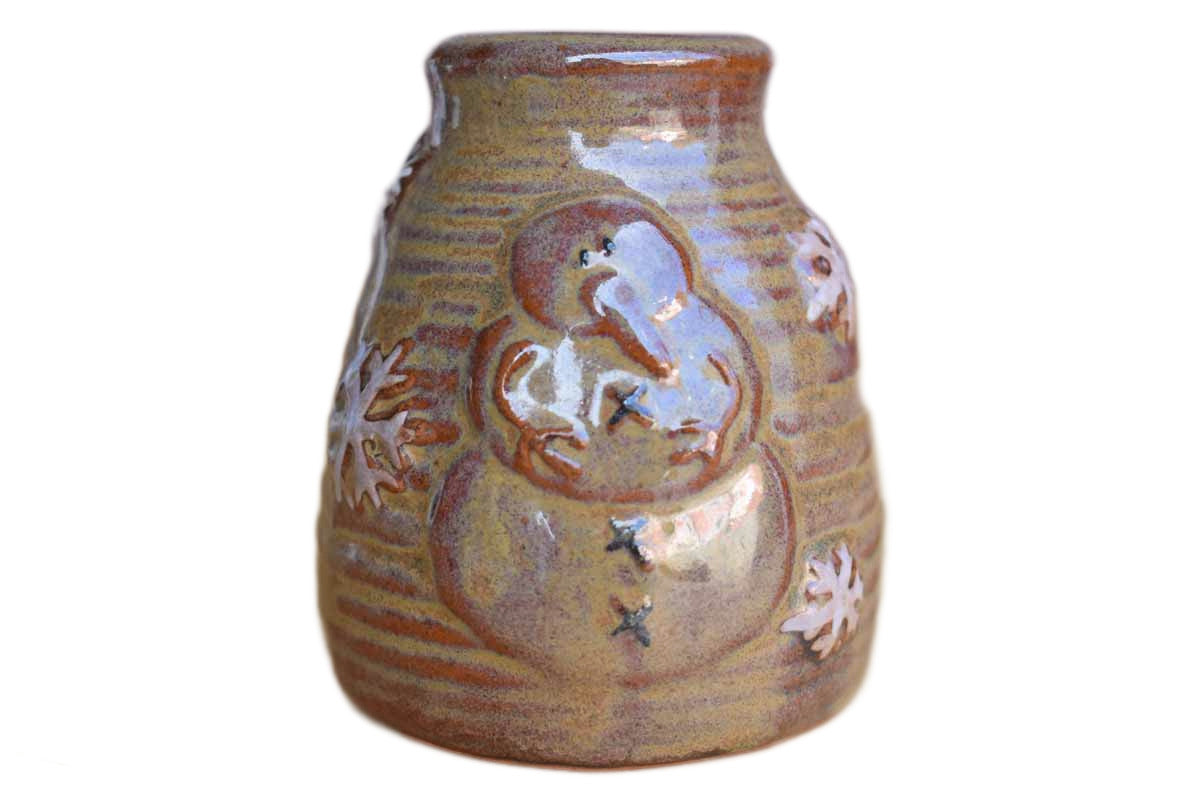 Small Clay Container with Snowman and Snowflakes