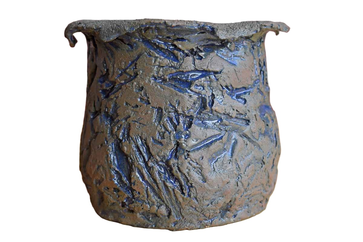 Craggy and Raw Stoneware Pencil Cup with Blue Slashes and Gashes