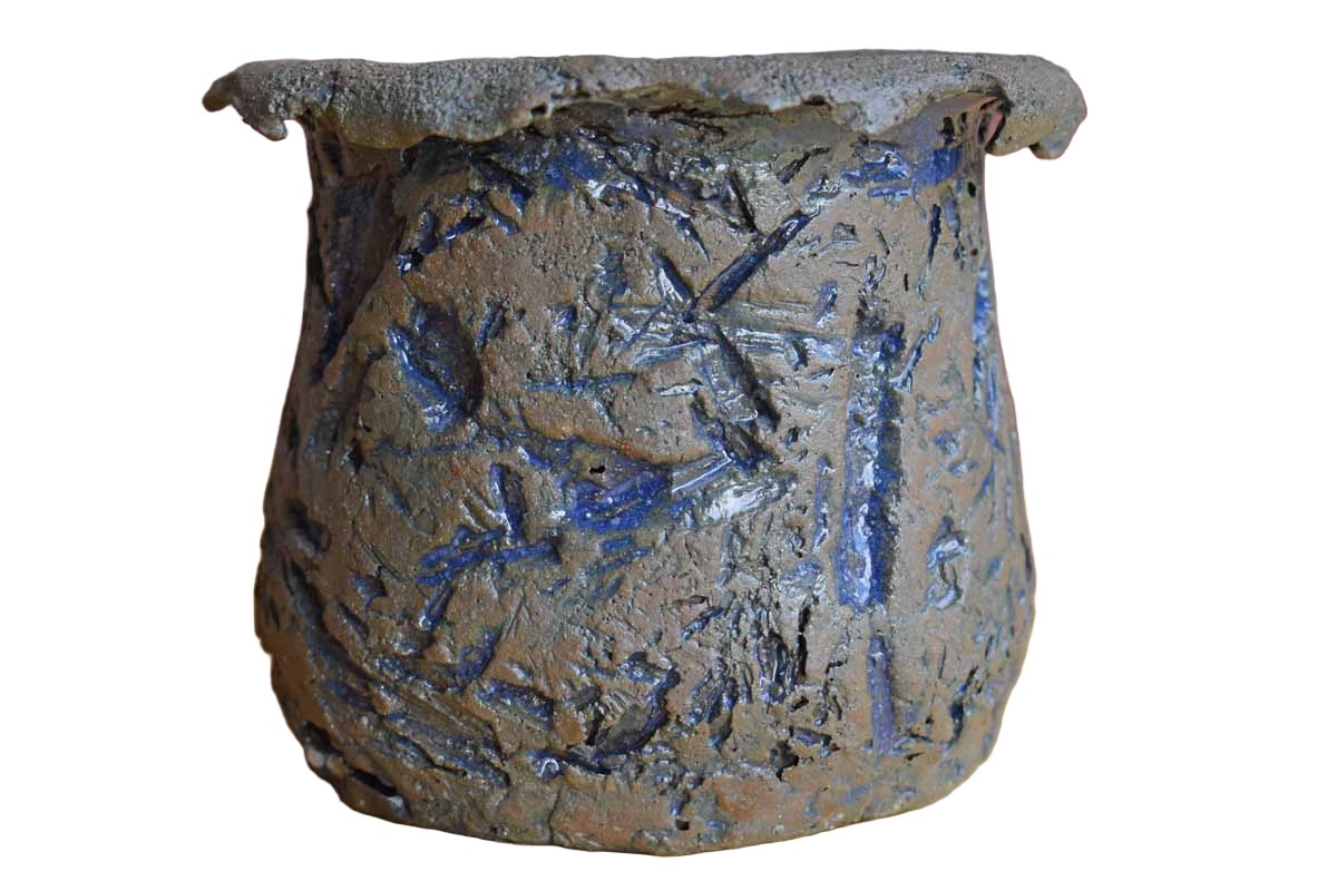 Craggy and Raw Stoneware Pencil Cup with Blue Slashes and Gashes