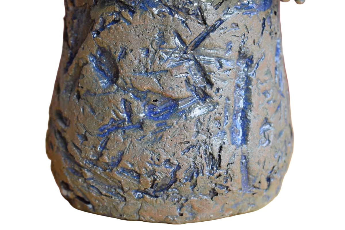 Craggy and Raw Stoneware Pencil Cup with Blue Slashes and Gashes