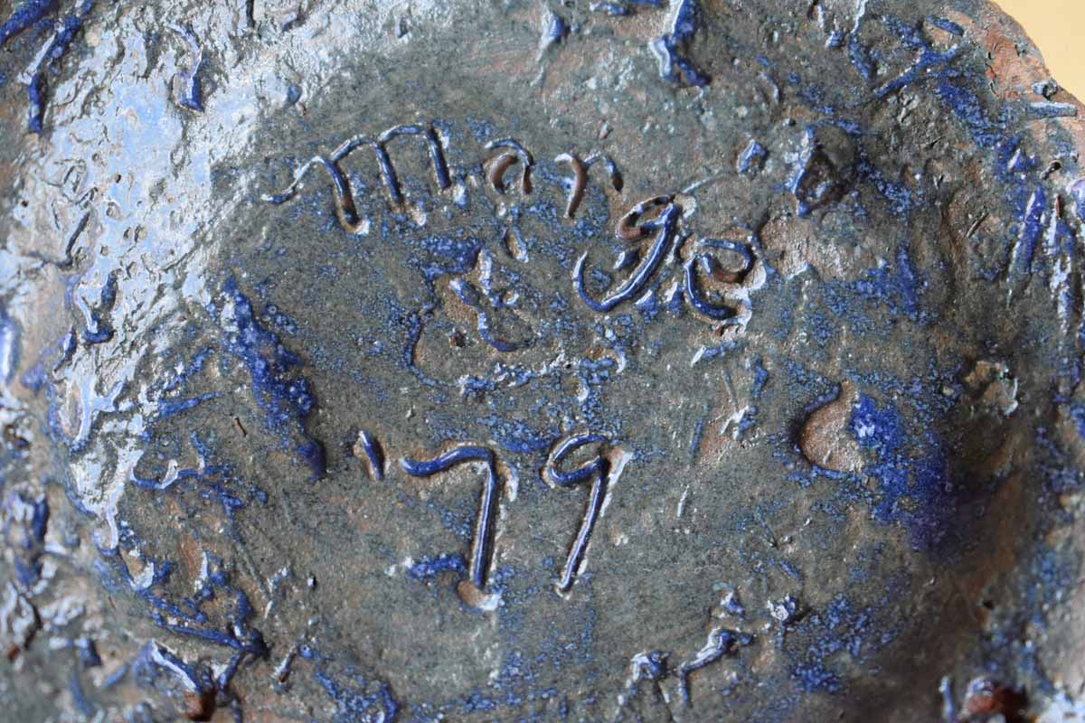 Craggy and Raw Stoneware Pencil Cup with Blue Slashes and Gashes
