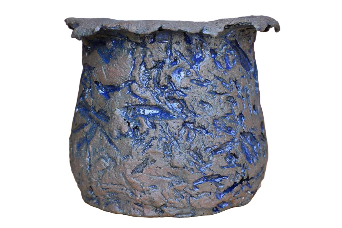 Craggy and Raw Stoneware Pencil Cup with Blue Slashes and Gashes