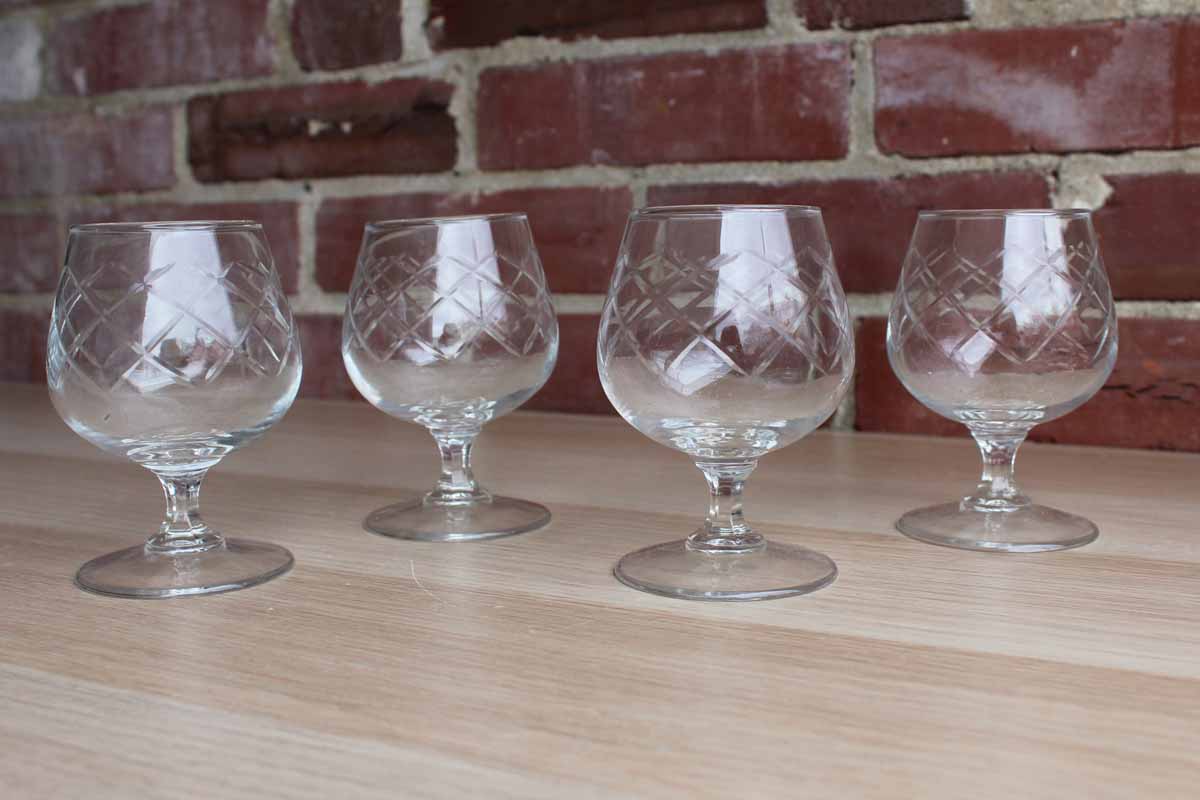 Clear Etched Glass Aperitif Miniature Brandy Snifters, Set of 4