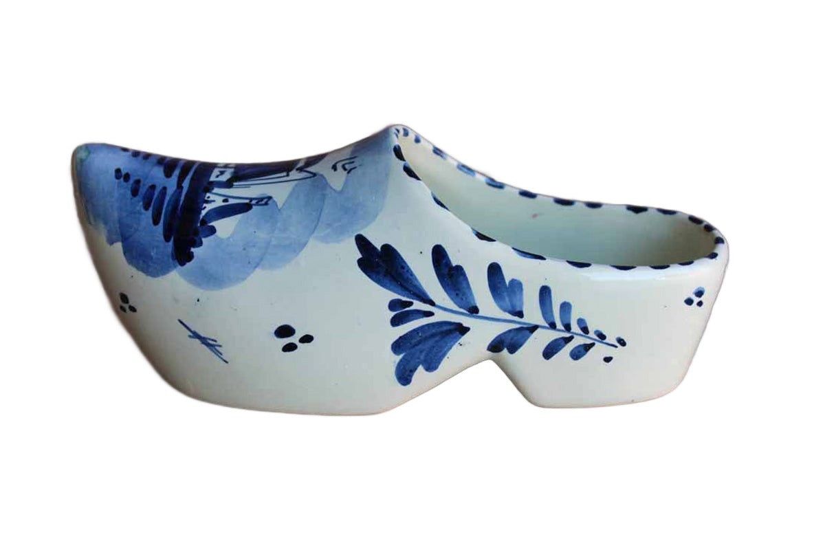 Delft (Holland) Blue and White Ceramic Clog Planter with Flowers and Windmill Design