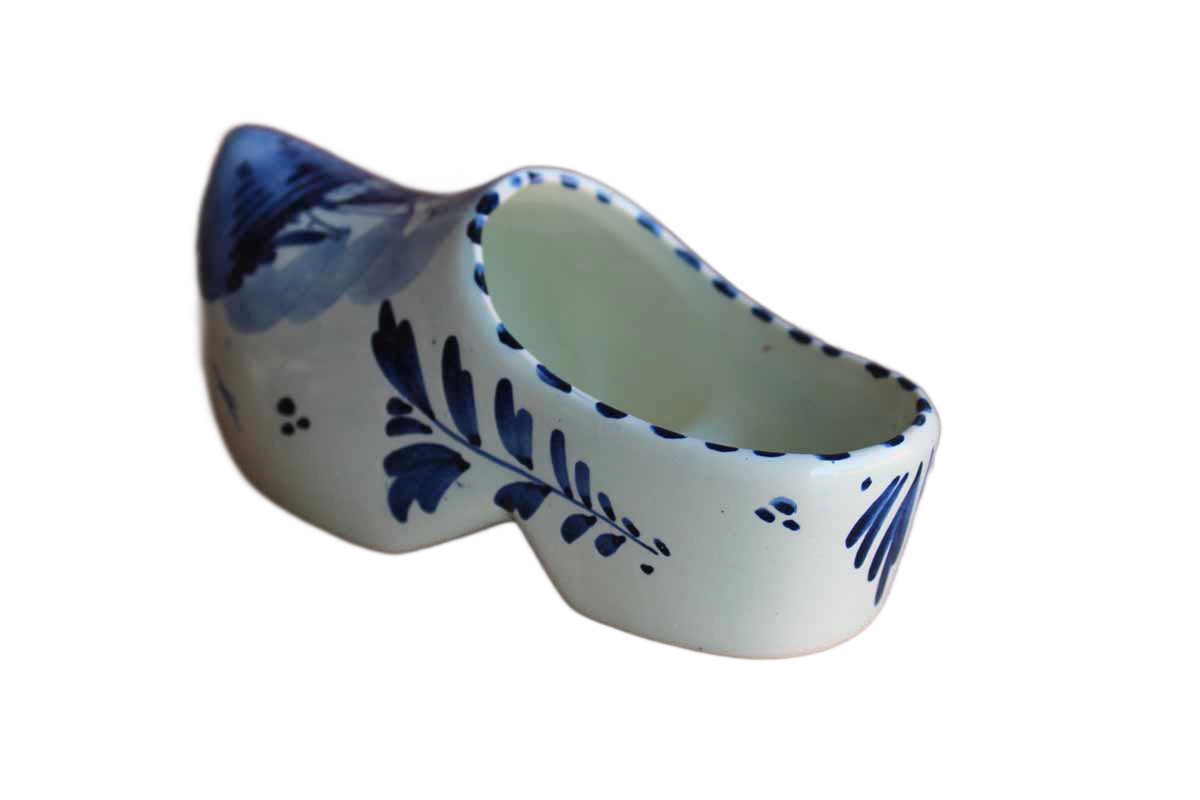 Delft (Holland) Blue and White Ceramic Clog Planter with Flowers and Windmill Design