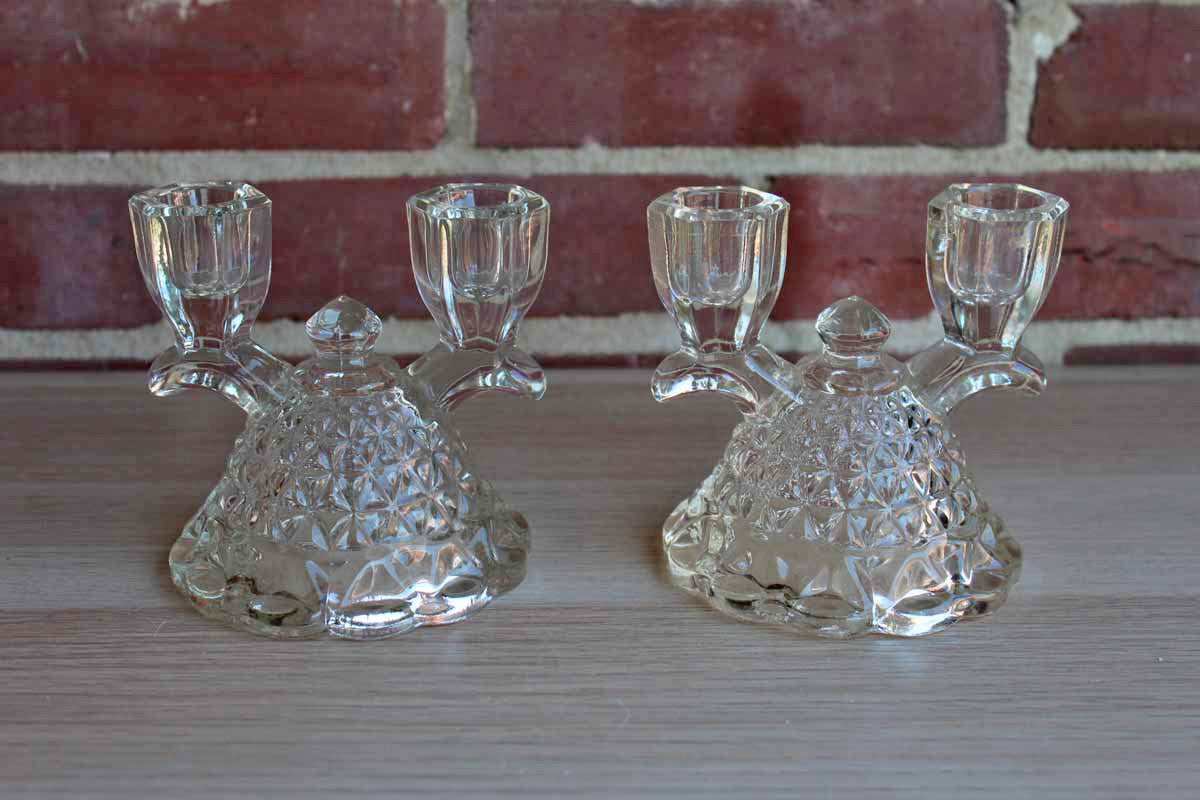 Imperial Glass Company (Ohio, USA) Clear Glass Laced Edge Double Branch Candlesticks, A Pair
