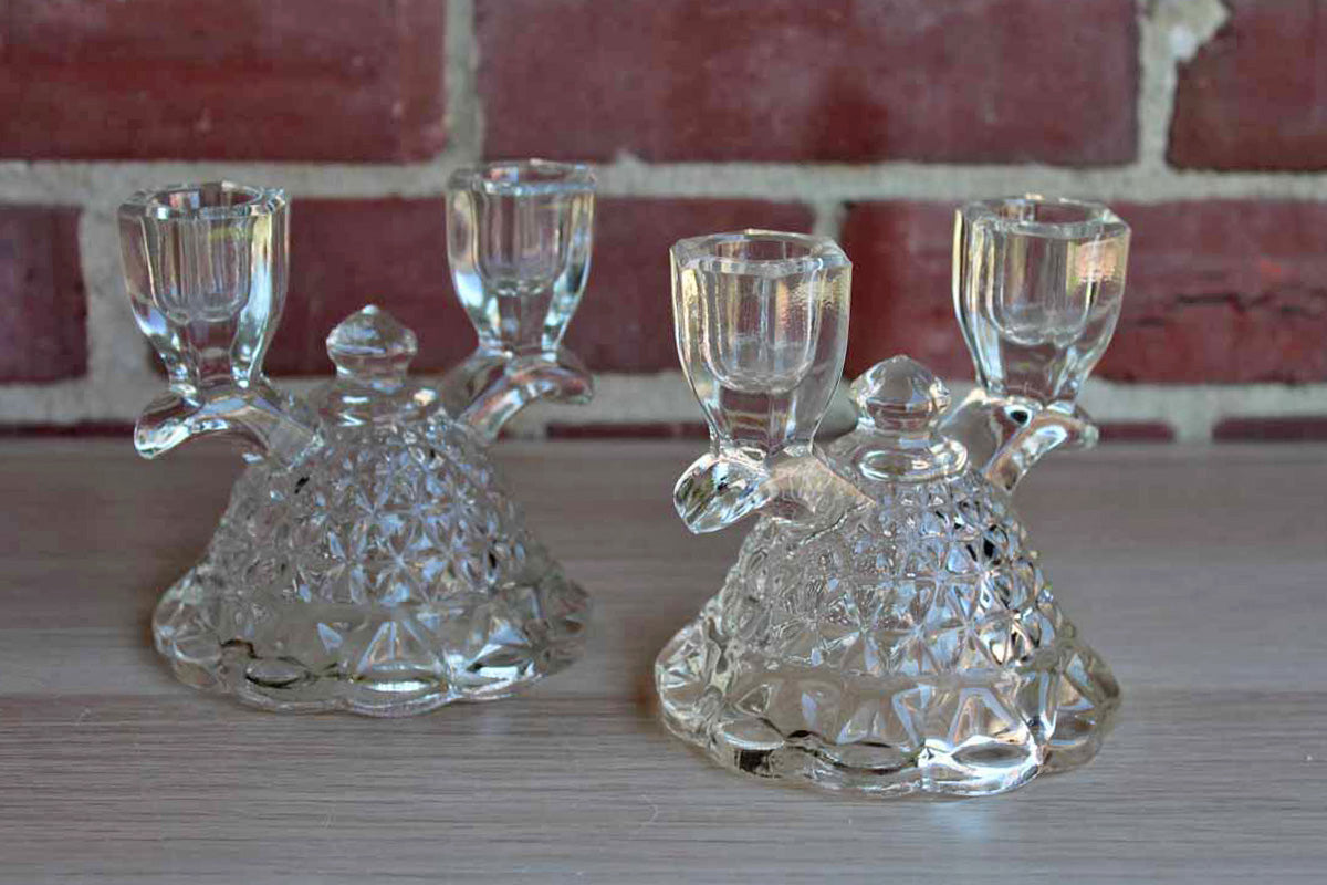 Imperial Glass Company (Ohio, USA) Clear Glass Laced Edge Double Branch Candlesticks, A Pair