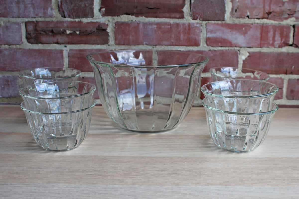 Large Heavy Clear Glass Salad Bowls with Paneled Sides and Gently