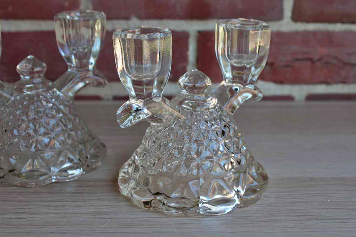 Imperial Glass Company (Ohio, USA) Clear Glass Laced Edge Double Branch Candlesticks, A Pair