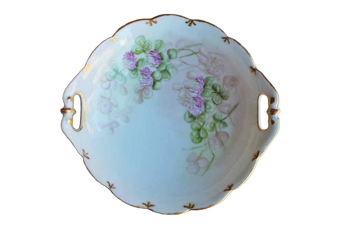 Porcelain Bowl with Scalloped Gold Rim and Hand Painted Pink Flowers