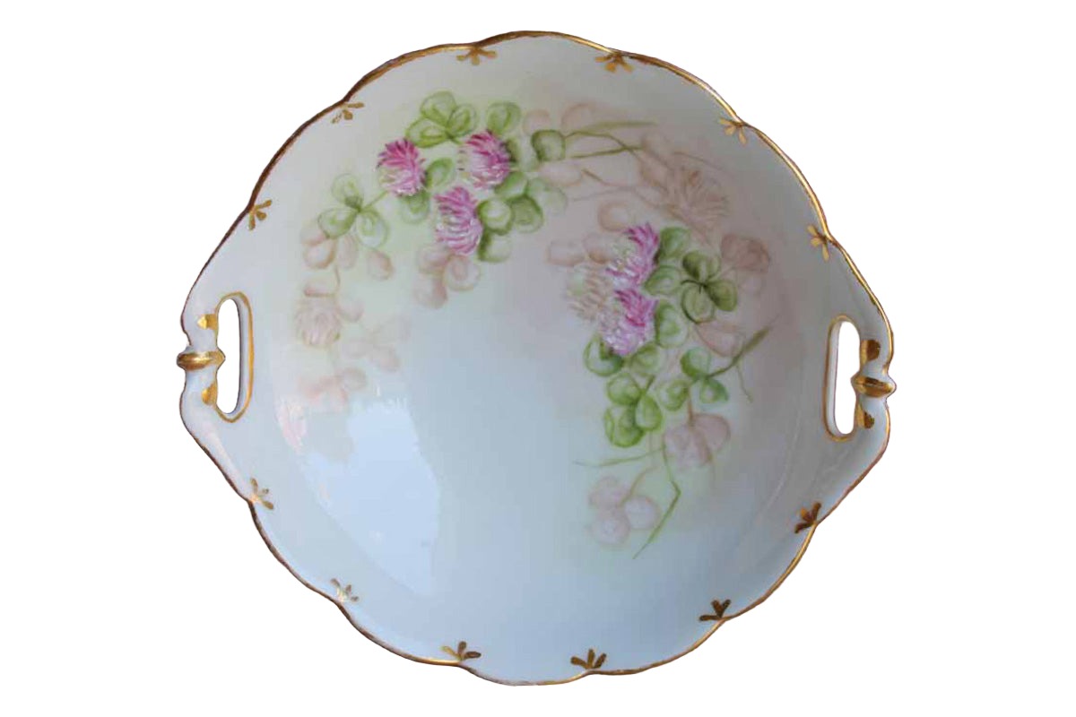 Porcelain Bowl with Scalloped Gold Rim and Hand Painted Pink Flowers
