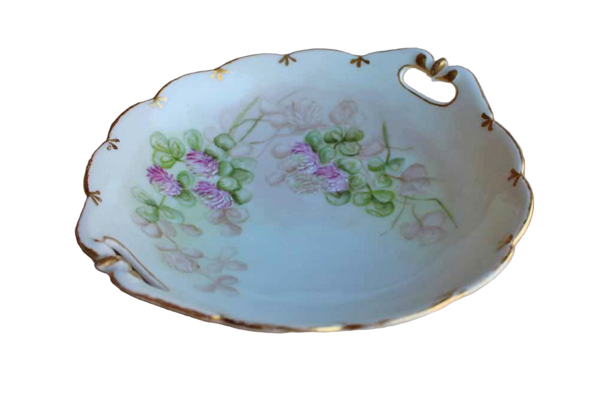 Porcelain Bowl with Scalloped Gold Rim and Hand Painted Pink Flowers