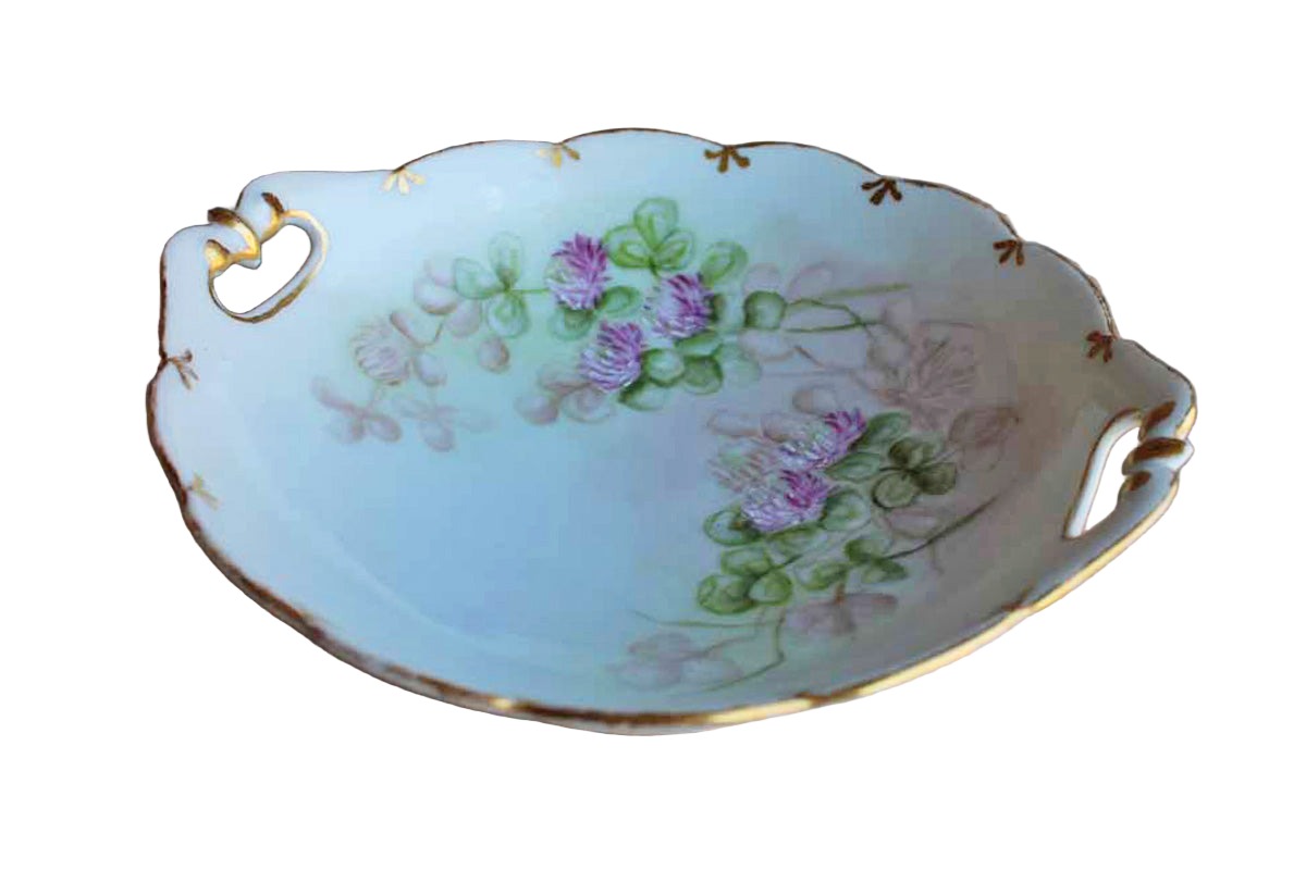 Porcelain Bowl with Scalloped Gold Rim and Hand Painted Pink Flowers