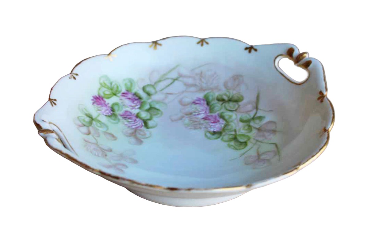 Porcelain Bowl with Scalloped Gold Rim and Hand Painted Pink Flowers