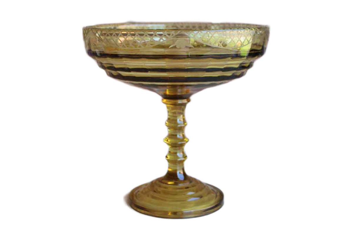 Gold Glass Centerpiece with Cut Glass Bowl and Stacked Wafer Stem (Pickup Only)