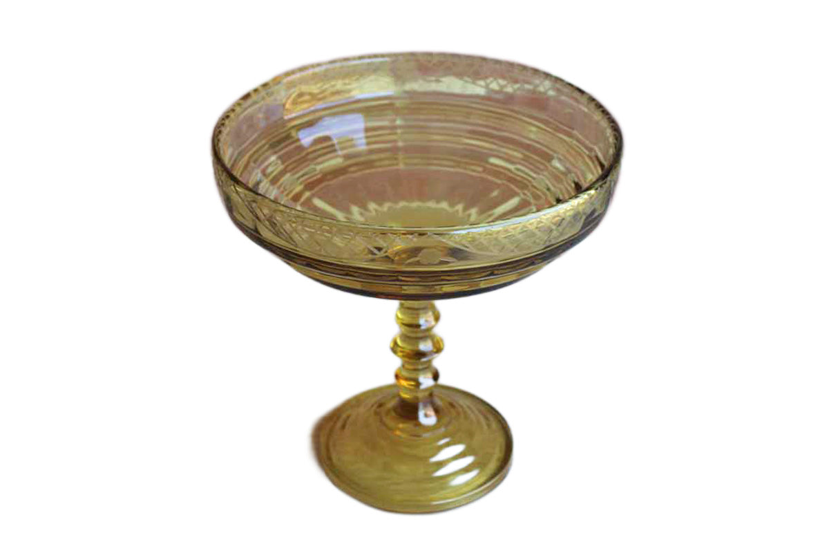 Gold Glass Centerpiece with Cut Glass Bowl and Stacked Wafer Stem (Pickup Only)