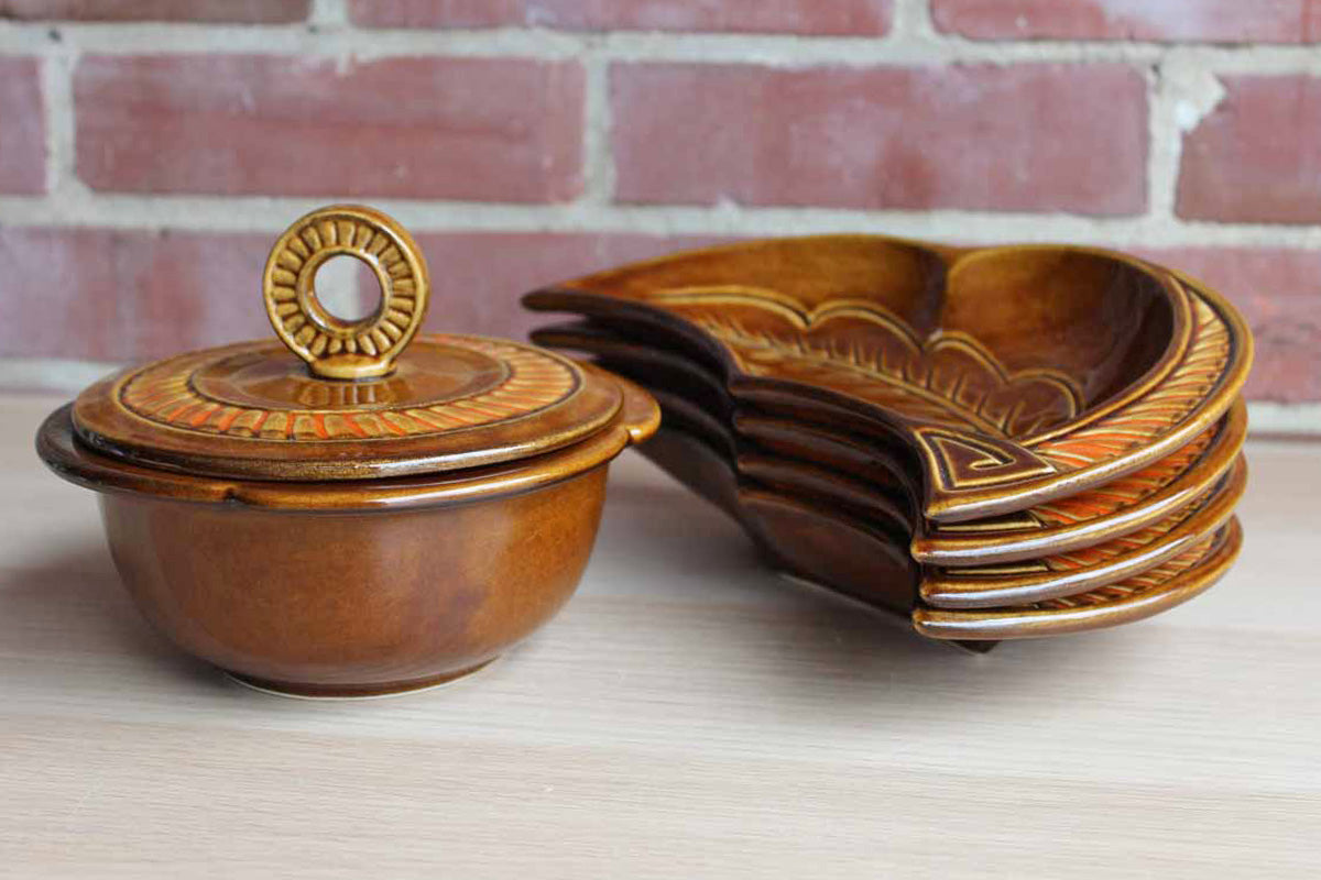 California Pottery (California, USA) Orange and Brown Glazed Lazy Susan Chip & Dip Server