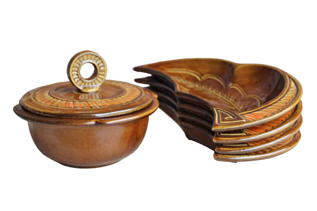 California Pottery (California, USA) Orange and Brown Glazed Lazy Susan Chip & Dip Server