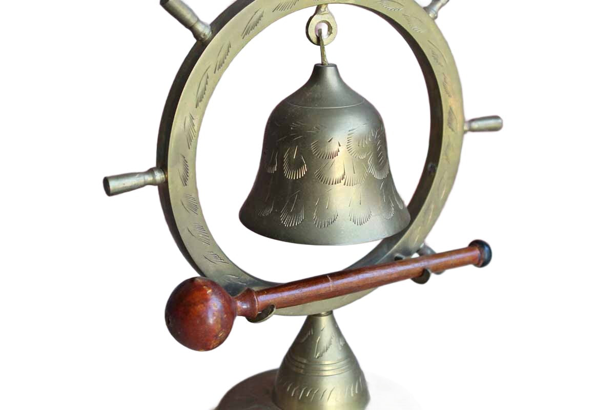 Ship's Wheel Brass Bell with Wooden Stick