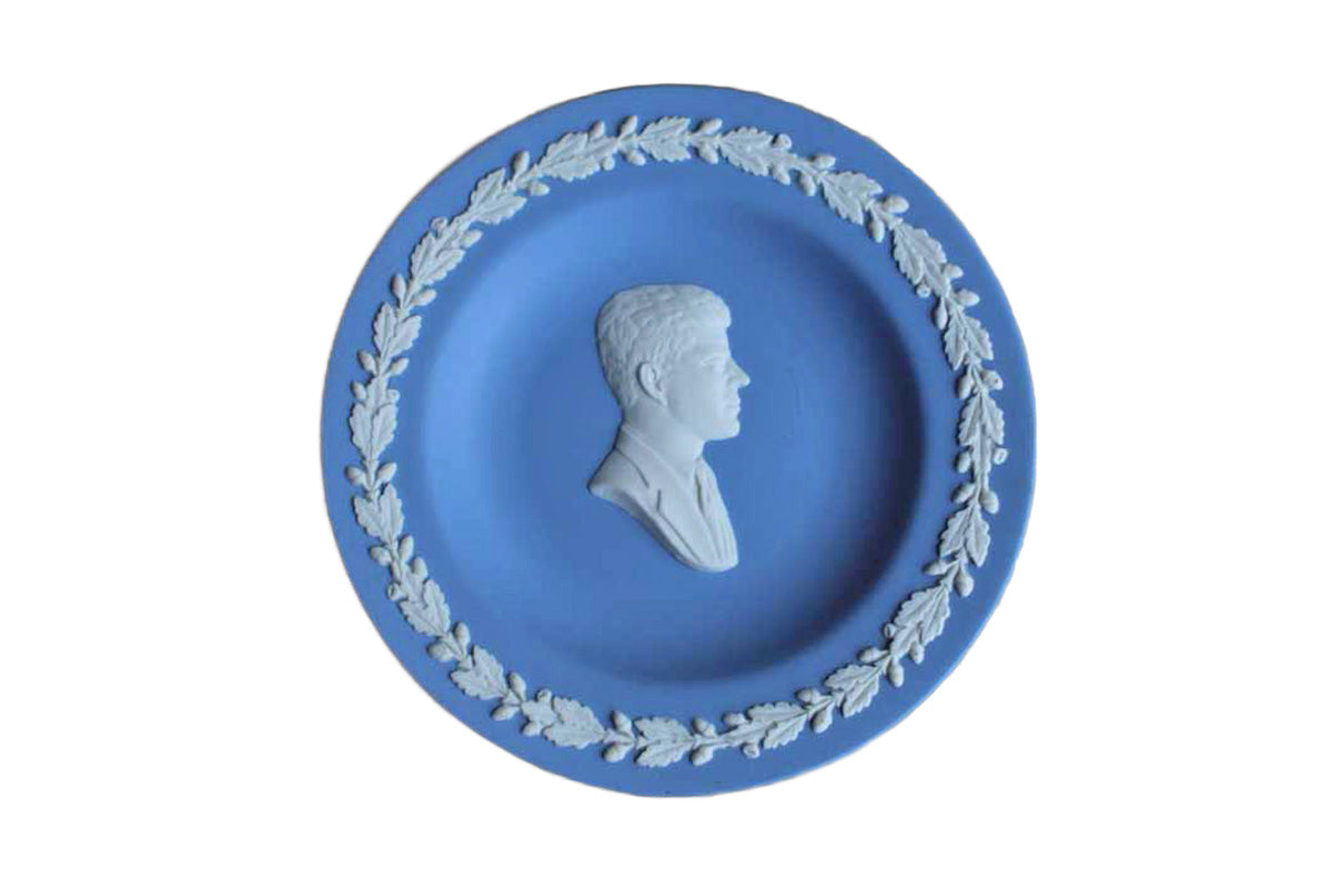 Wedgwood (England) Blue Jasperware 4 1/2" Pin Dish Featuring Profile/Bust of President John F. Kennedy Surrounded by Leaves and Acorns