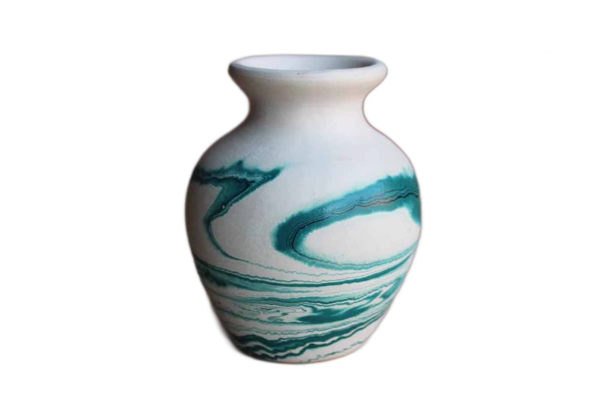 Nemadji Tile and Pottery (Minnesota, USA) Turquoise and Cream Swirled Ceramic Bud Vase