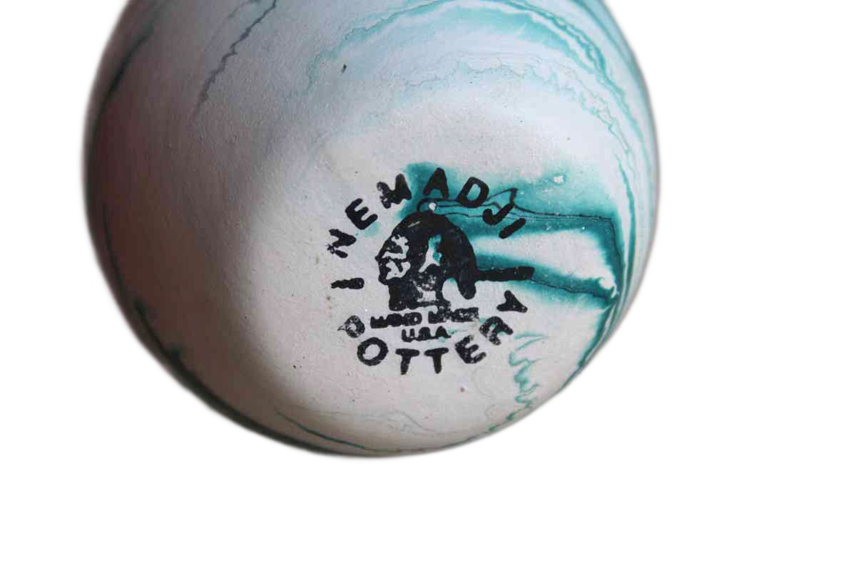 Nemadji Tile and Pottery (Minnesota, USA) Turquoise and Cream Swirled Ceramic Bud Vase