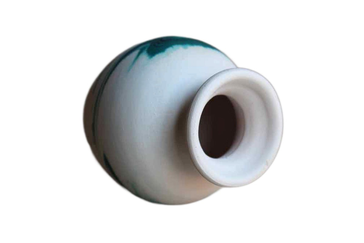 Nemadji Tile and Pottery (Minnesota, USA) Turquoise and Cream Swirled Ceramic Bud Vase