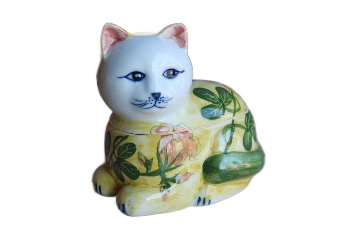 Colorful Lidded Ceramic Cat Trinket Box, Handcrafted in Thailand