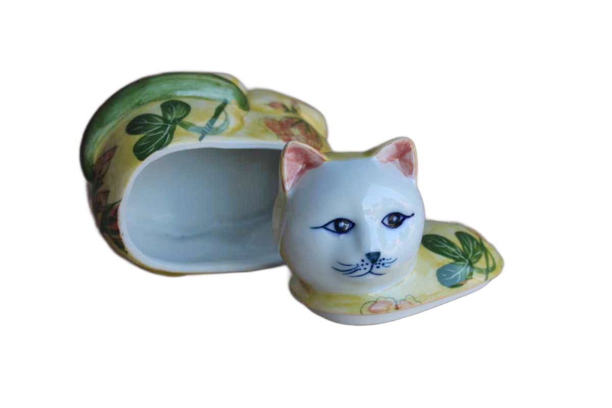 Colorful Lidded Ceramic Cat Trinket Box, Handcrafted in Thailand