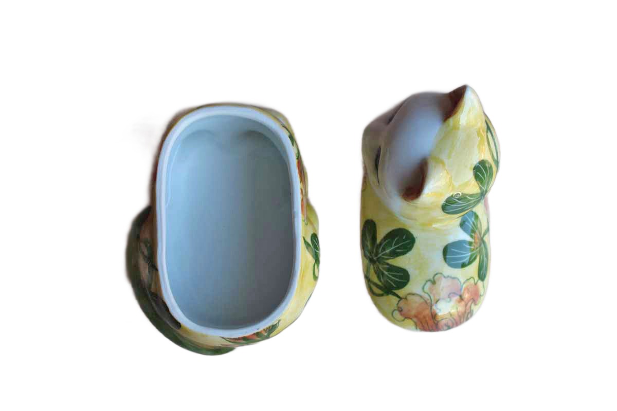 Colorful Lidded Ceramic Cat Trinket Box, Handcrafted in Thailand