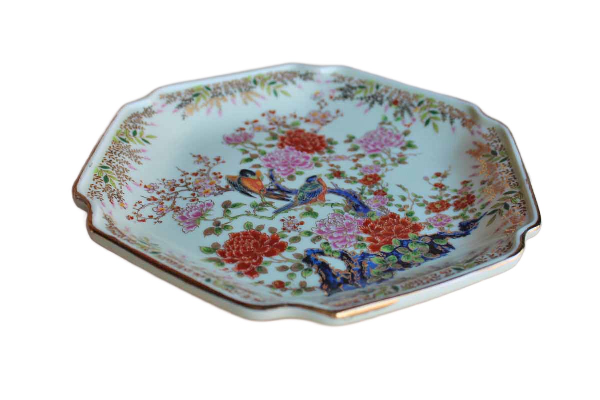 Sato Gordon (Japan) Hexagonal Decorative Plate with Birds and Flowers