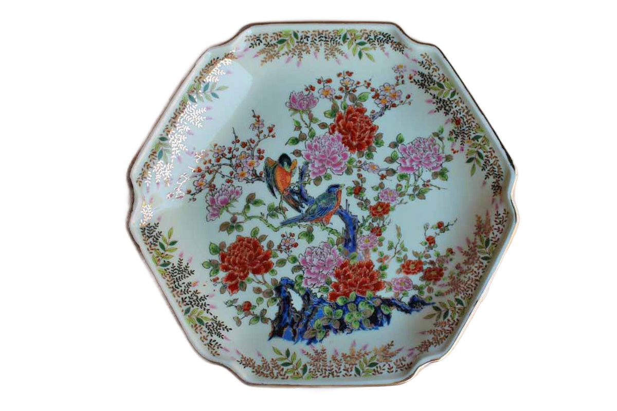 Sato Gordon (Japan) Hexagonal Decorative Plate with Birds and Flowers