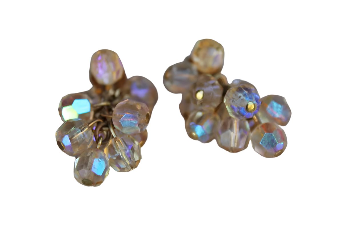Aurora Borealis Beaded Cluster Dangling Non-Pierced Earrings