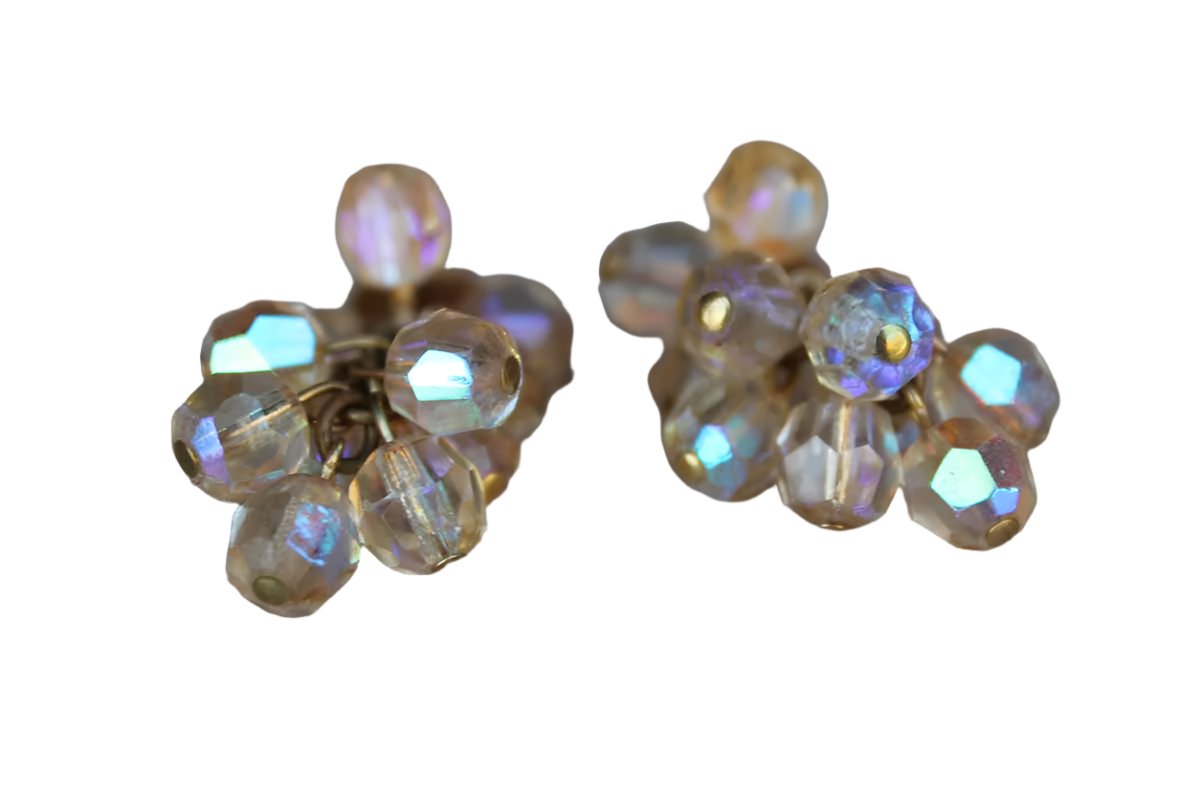Aurora Borealis Beaded Cluster Dangling Non-Pierced Earrings