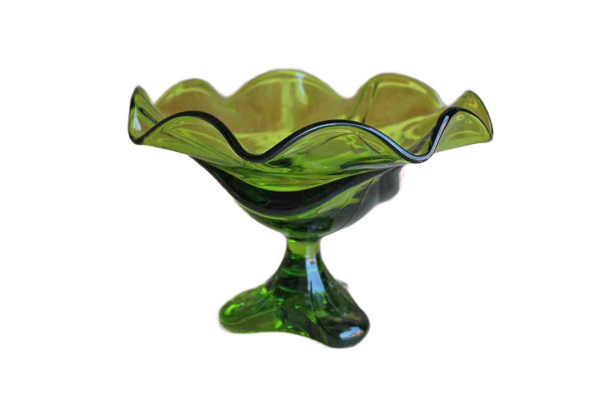 Viking Art Glass (West Virginia, USA) Avocado Green Pedestal Bowl with Wavy Flared Rim