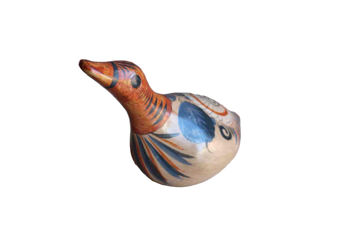 Mexican Folk Art Stoneware Duck Figurine with Hand-Painted Flowers