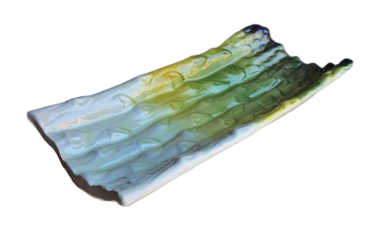 Ceramic Asparagus Dish Painted in Yellows and Greens