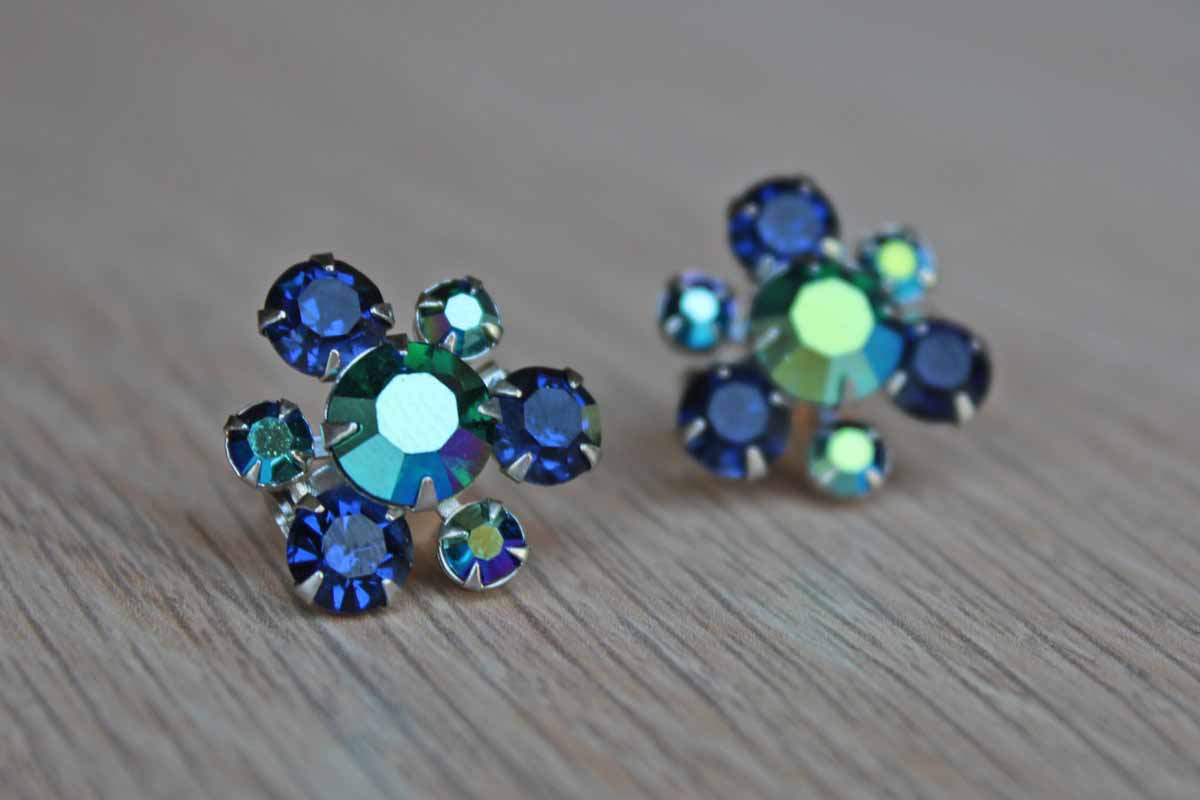 Blue Aurora Borealis Chaton Rhinestone Scatter Pins, A Pair