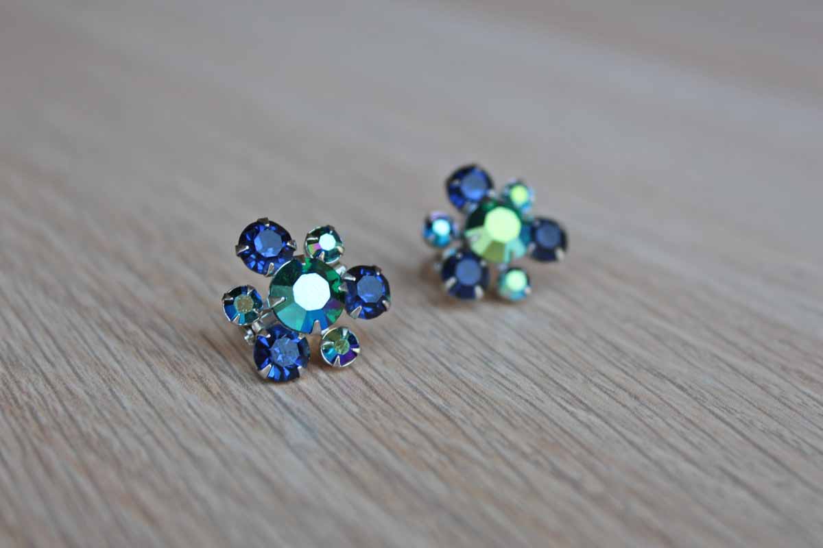 Blue Aurora Borealis Chaton Rhinestone Scatter Pins, A Pair